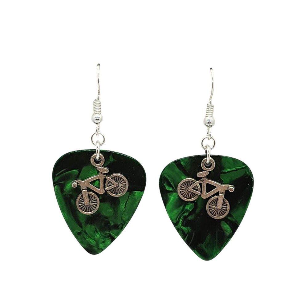 Bicycle Cycling Charm on Guitar Pick Earrings - Choose Color - Handmade in USA
